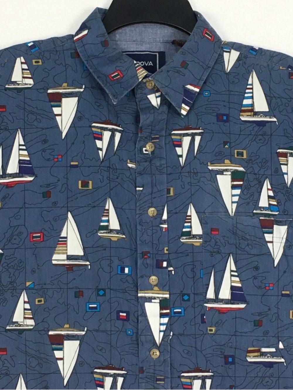 Vintage Cordova 100% Cotton Blue Sailboat Button Down Short Sleeve Shirt Medium